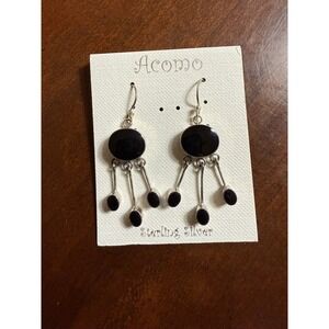 Vtg 925 Sterling Silver Onyx Dangle Earrings Boho Artisan Long Statement Drops